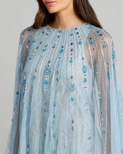 Blue Beaded Lace Cape Sleeve Mini Dress