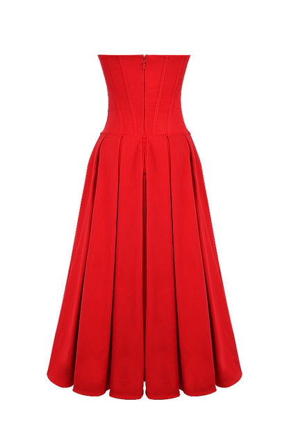 scarlet strapless midi dress