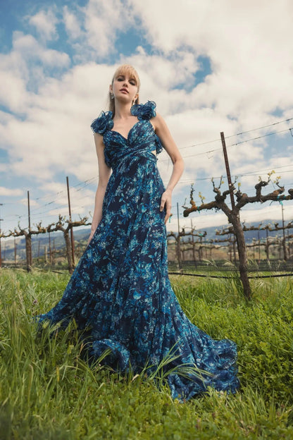 Navy Tiered Floral Cut-Out Chiffon Gown