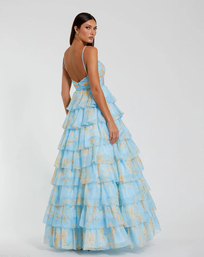 Blue Floral Cut Out Ruffle Tiered Gown