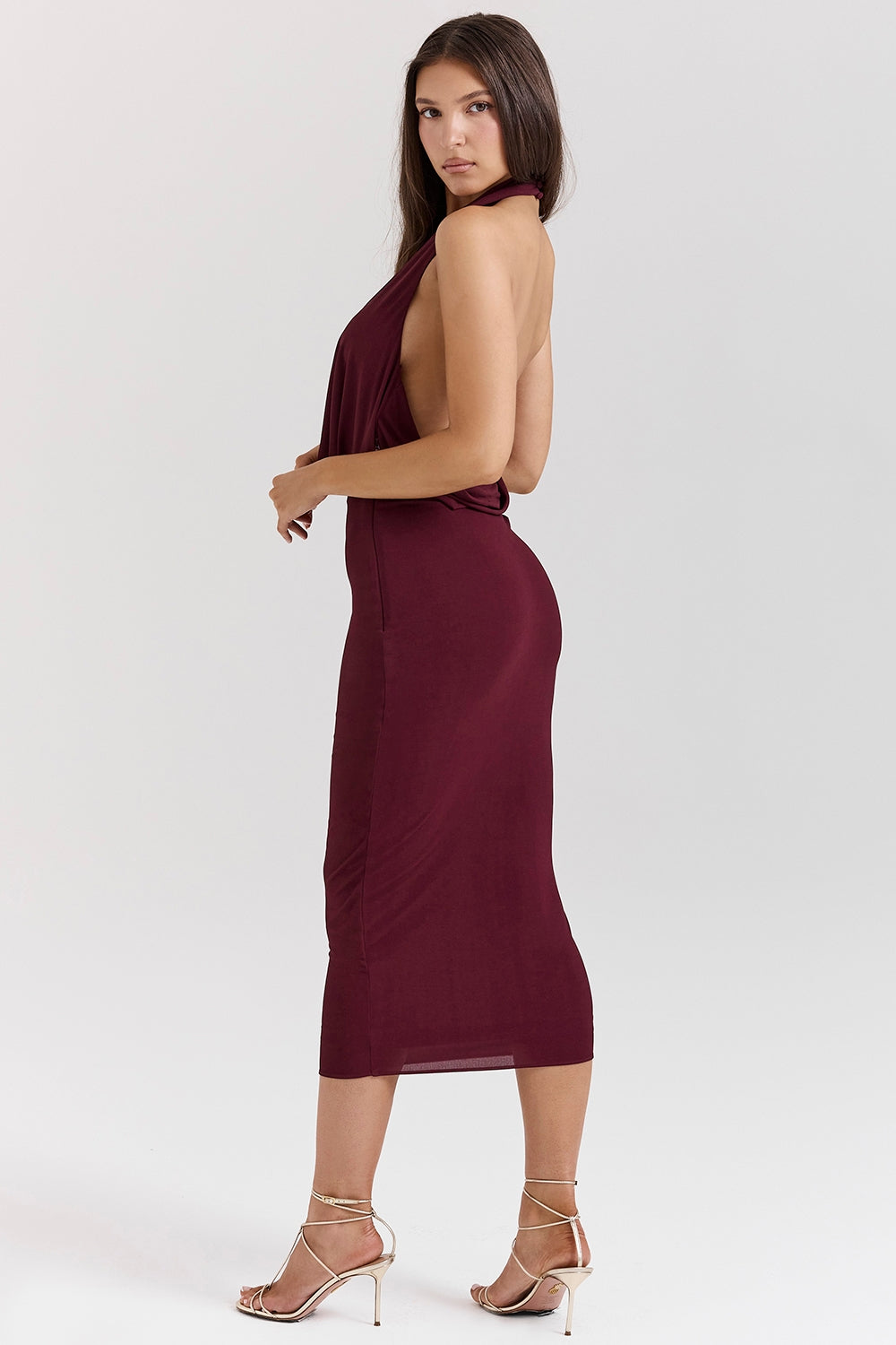merlot draped midi dress