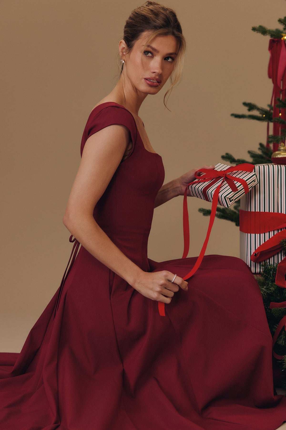 wine lace back twill midi dress