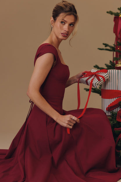 wine lace back twill midi dress