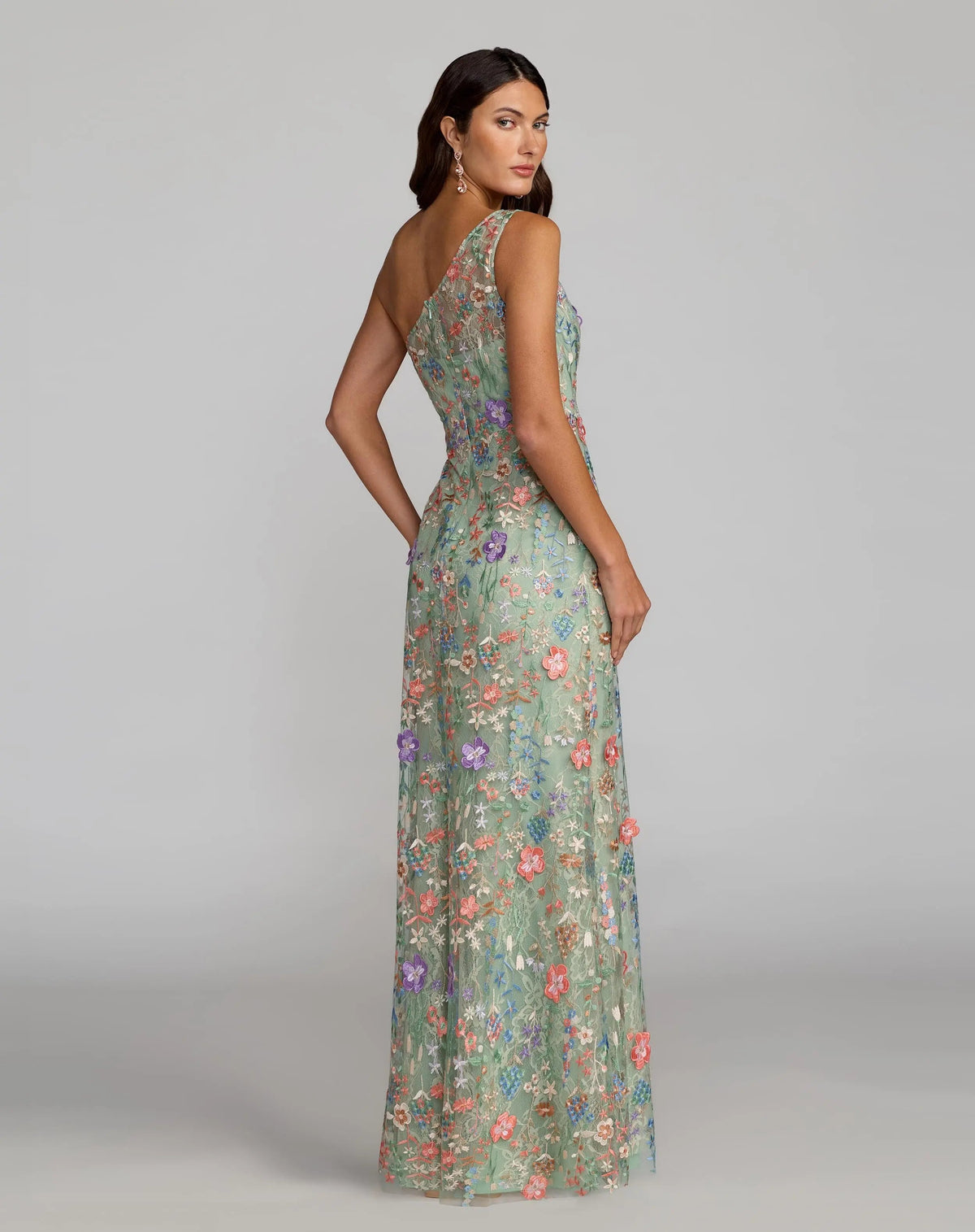 Green One Shoulder Floral Embroidered Gown