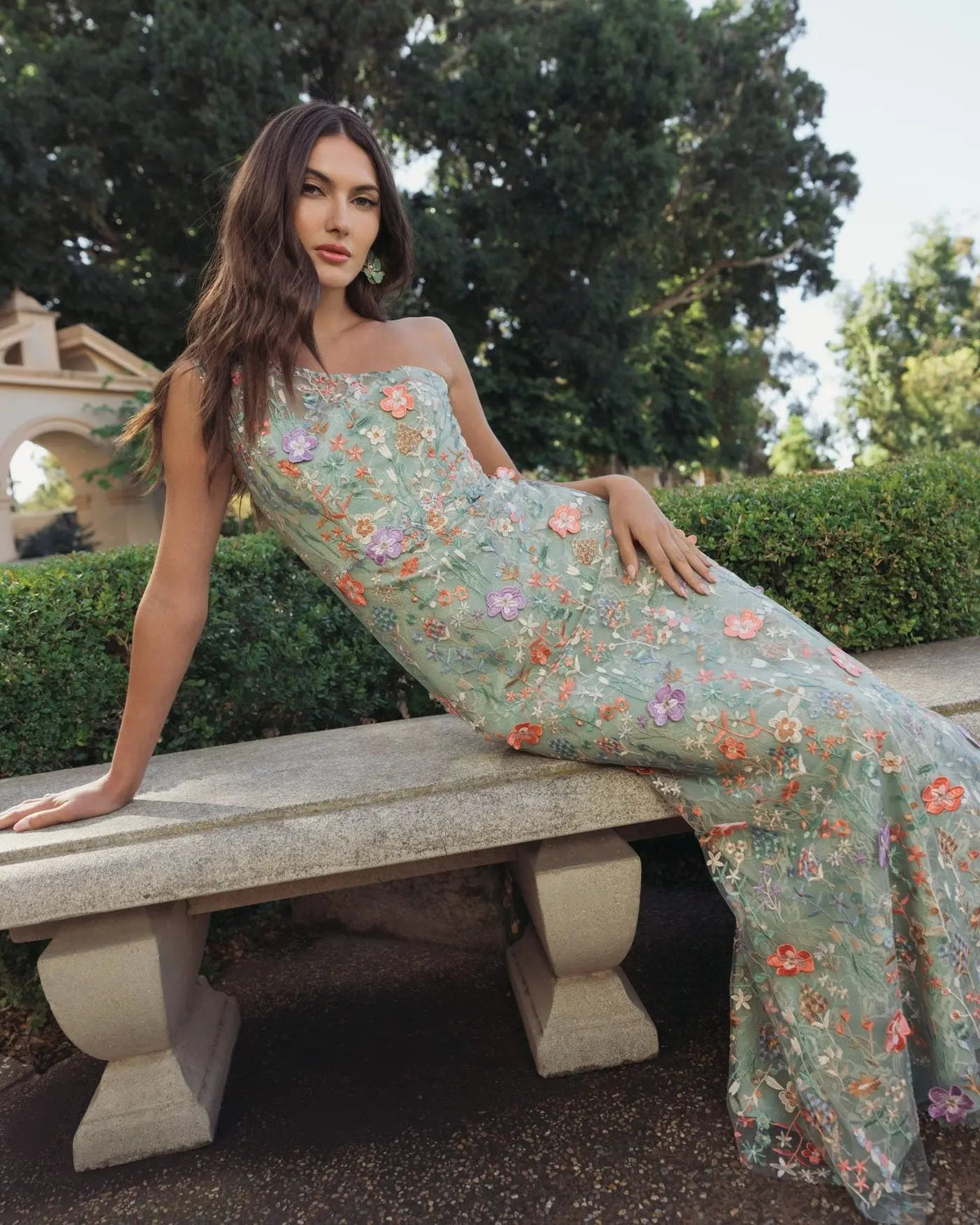 Green One Shoulder Floral Embroidered Gown