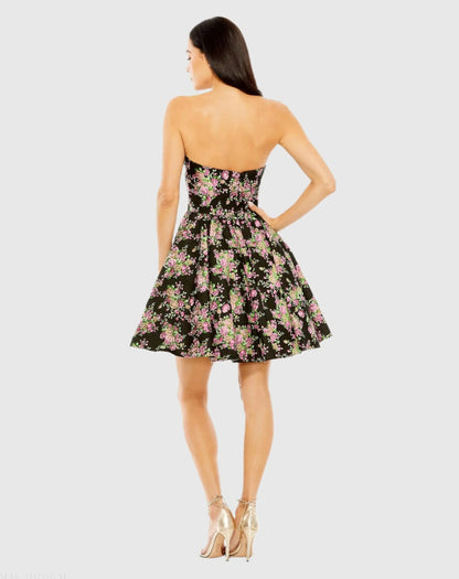 Black Strapless Brocade Mini Dress