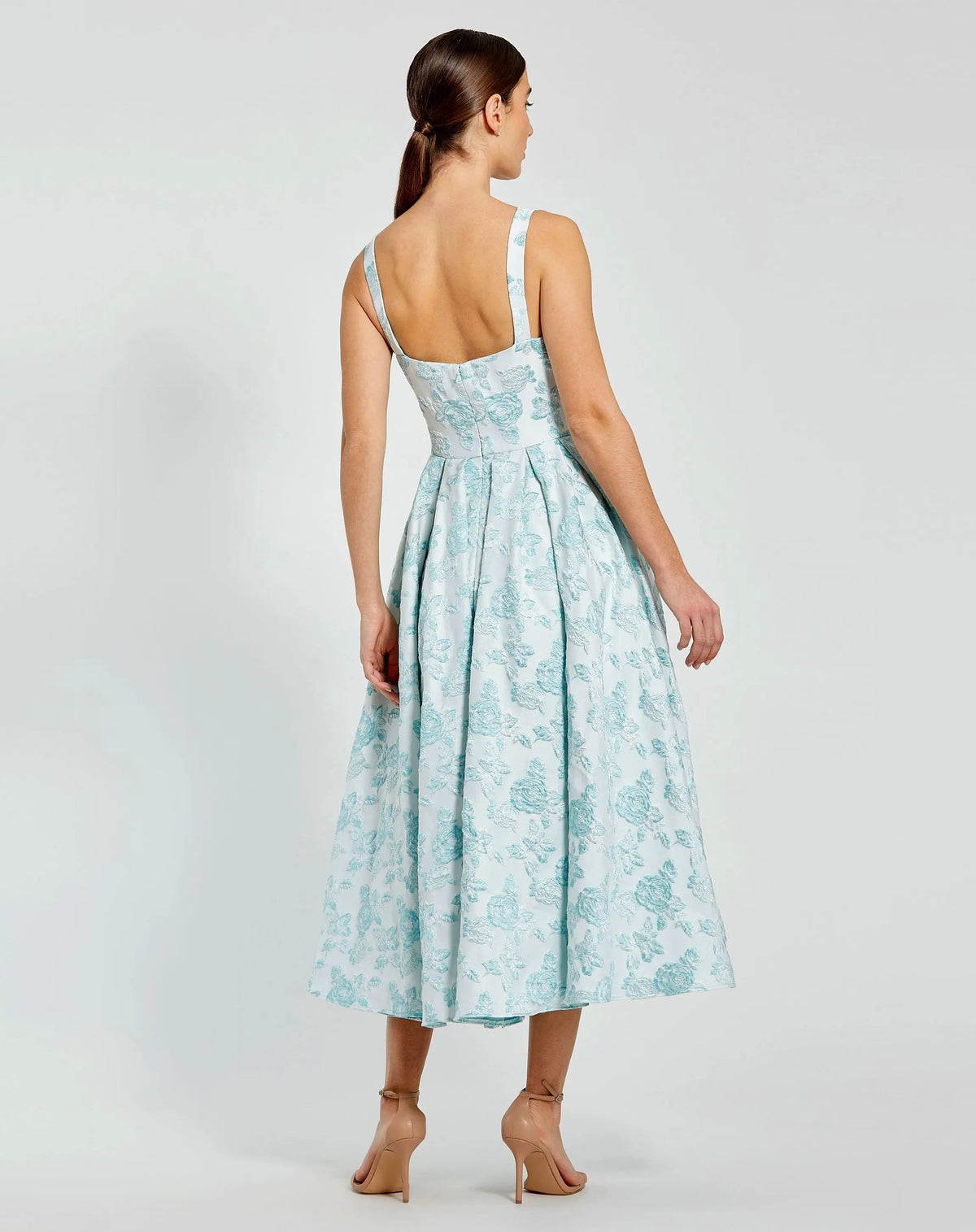 Blue Sleeveless Brocade Midi Dress With Bow