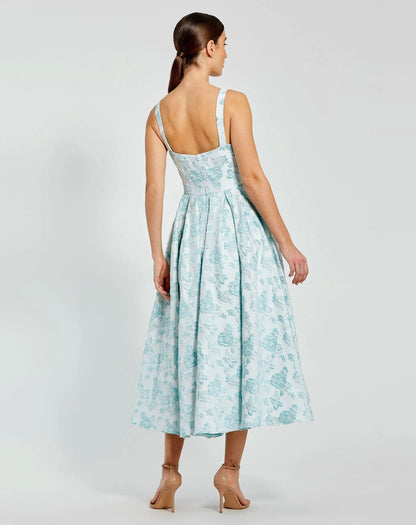 Blue Sleeveless Brocade Midi Dress With Bow