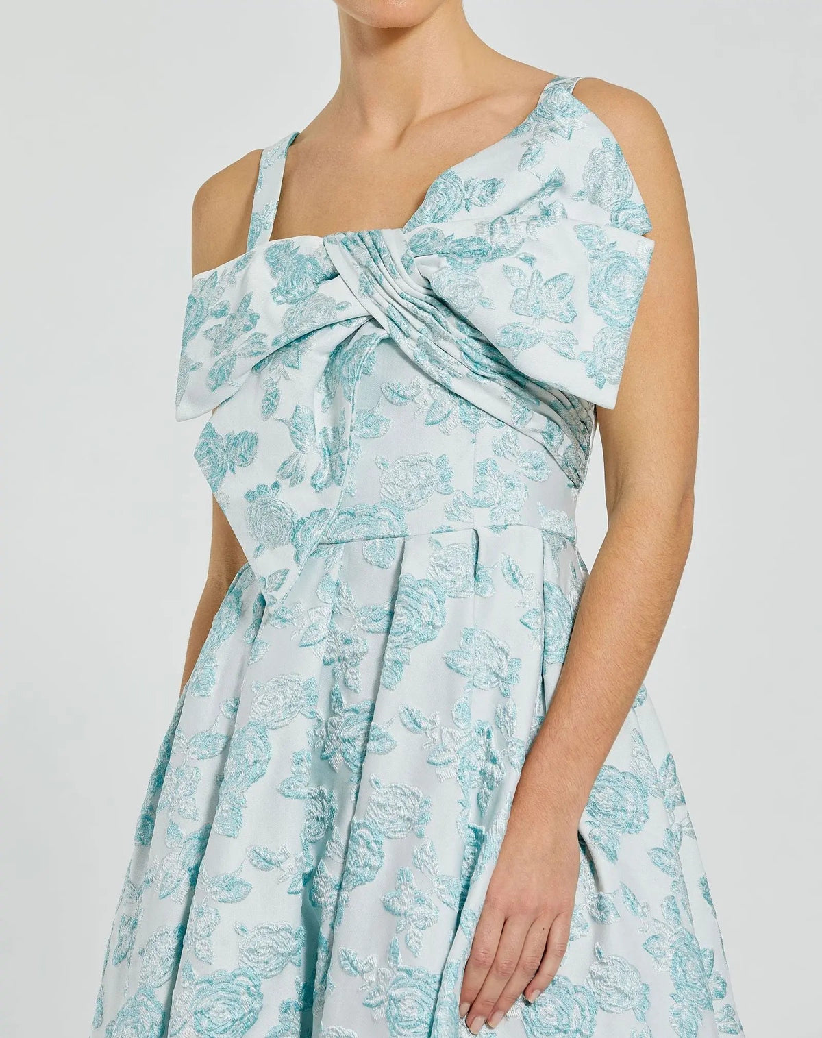 Blue Sleeveless Brocade Midi Dress With Bow