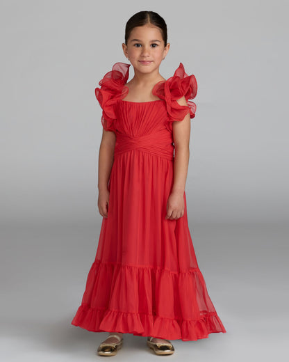 Girls Red Chiffon Ruffle Shoulder Long Dress