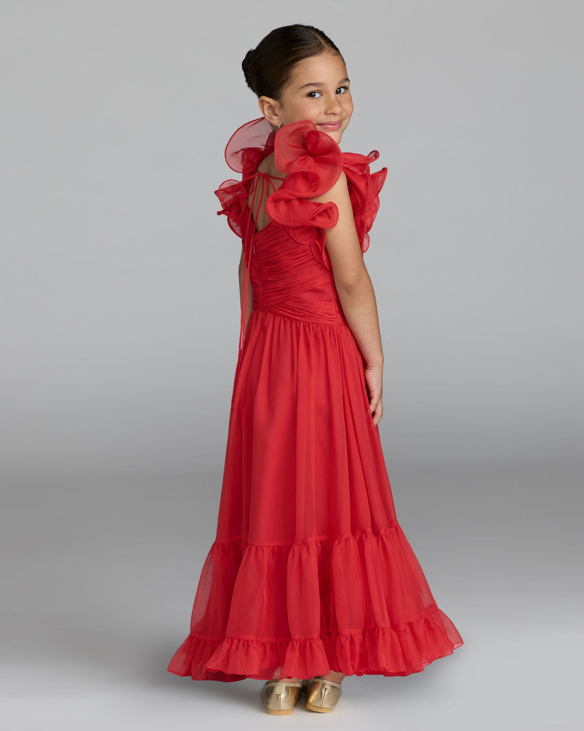 Girls Red Chiffon Ruffle Shoulder Long Dress
