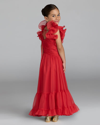 Girls Red Chiffon Ruffle Shoulder Long Dress