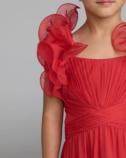 Girls Red Chiffon Ruffle Shoulder Long Dress