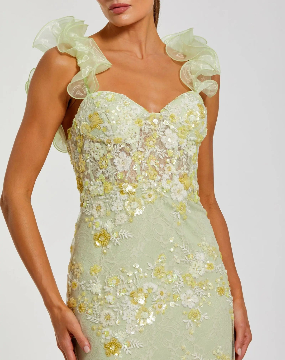 Green Embroidered Lace Floral Gown with Ruffle Straps