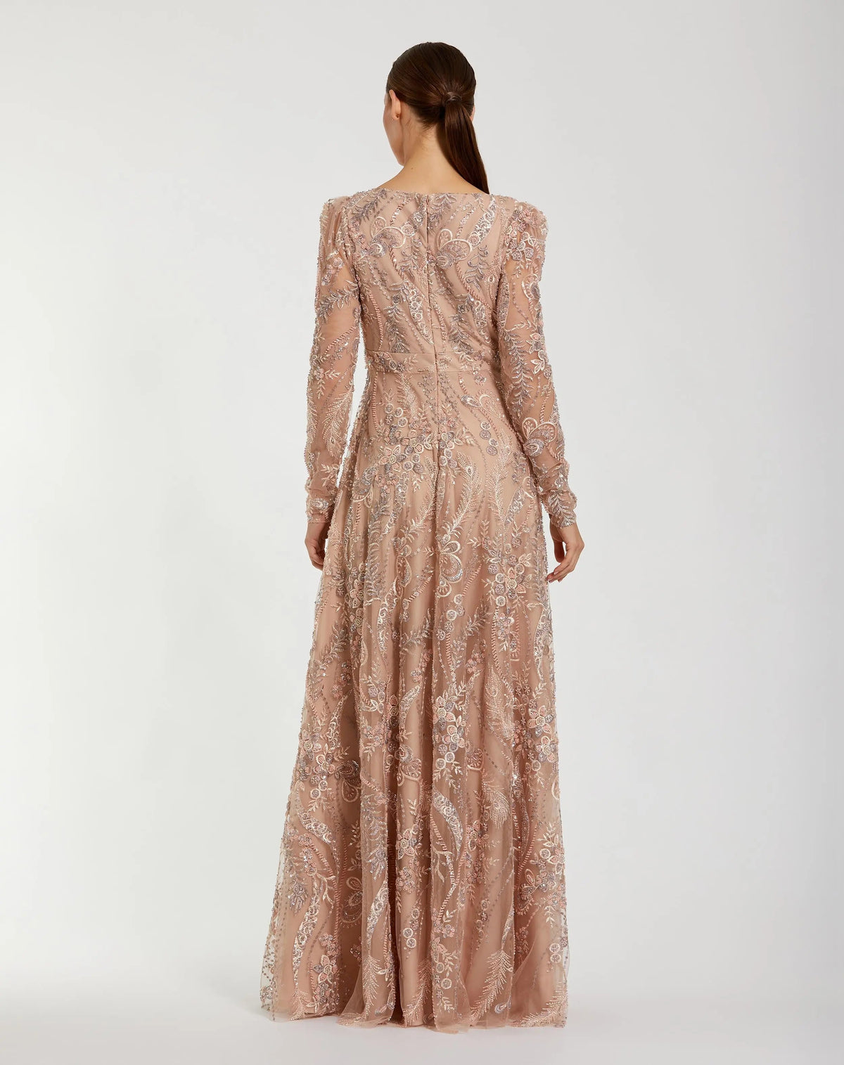 Beige Embroidered Long Sleeve V-Neck Gown