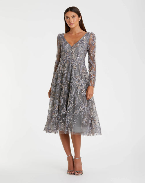 Gray Embroidered Long Sleeve Midi Dress