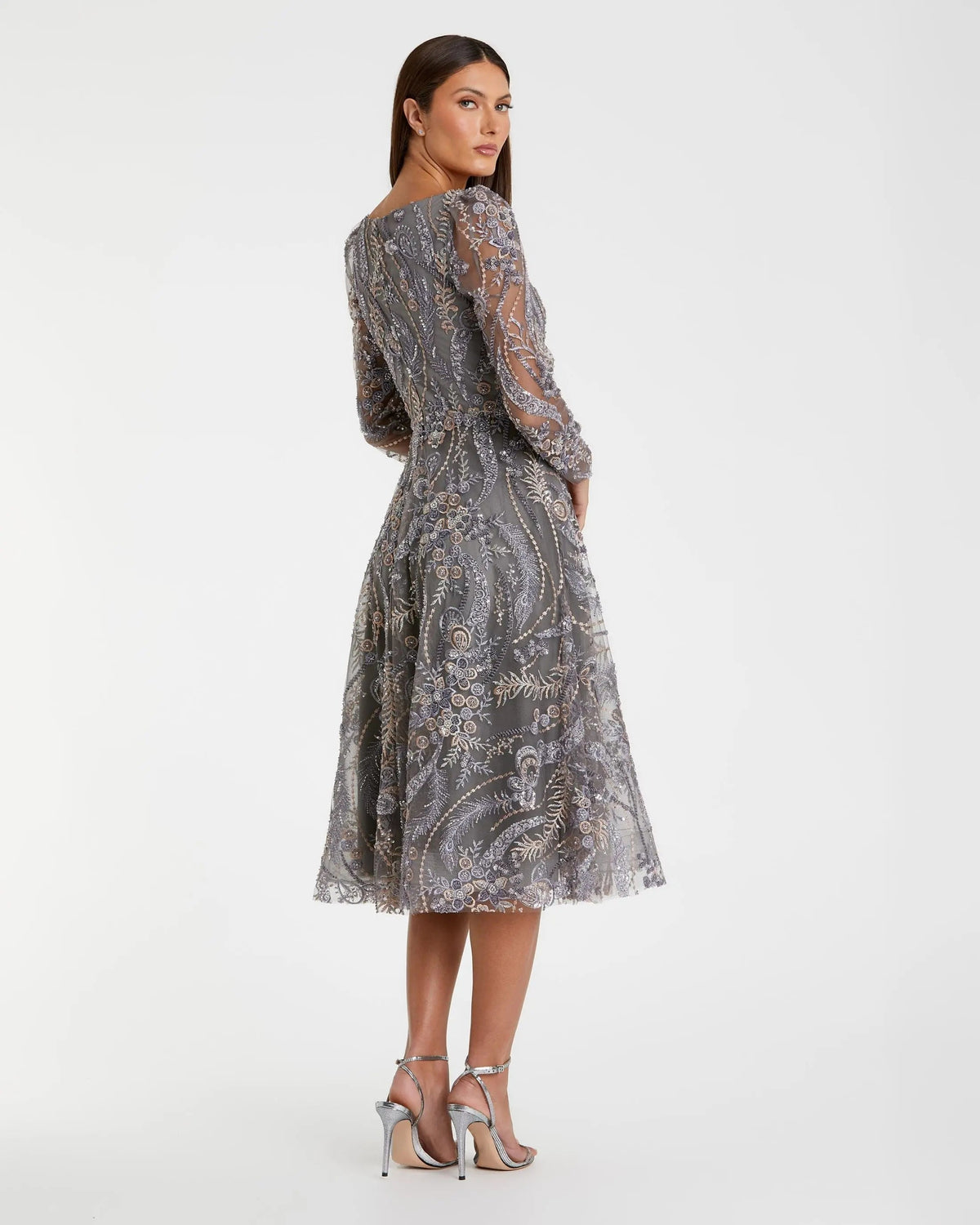 Gray Embroidered Long Sleeve Midi Dress