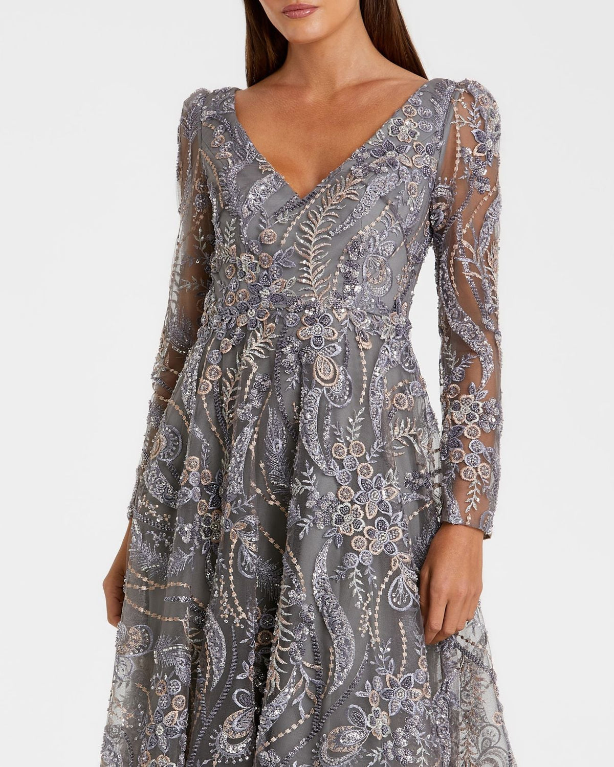 Gray Embroidered Long Sleeve Midi Dress