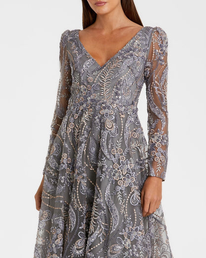 Gray Embroidered Long Sleeve Midi Dress