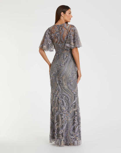 Gray High Neck Flutter Sleeve Embroidered Gown