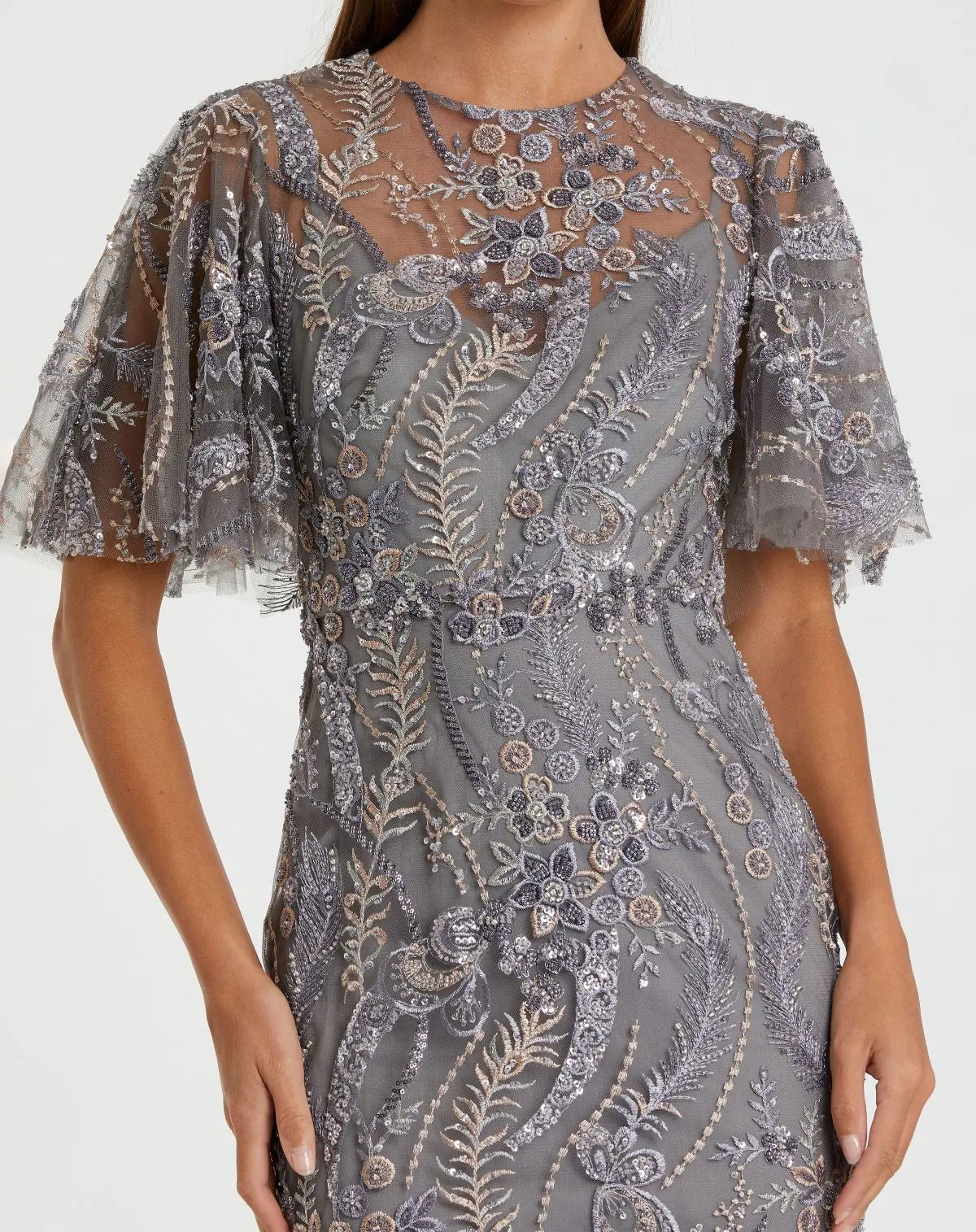 Gray High Neck Flutter Sleeve Embroidered Gown