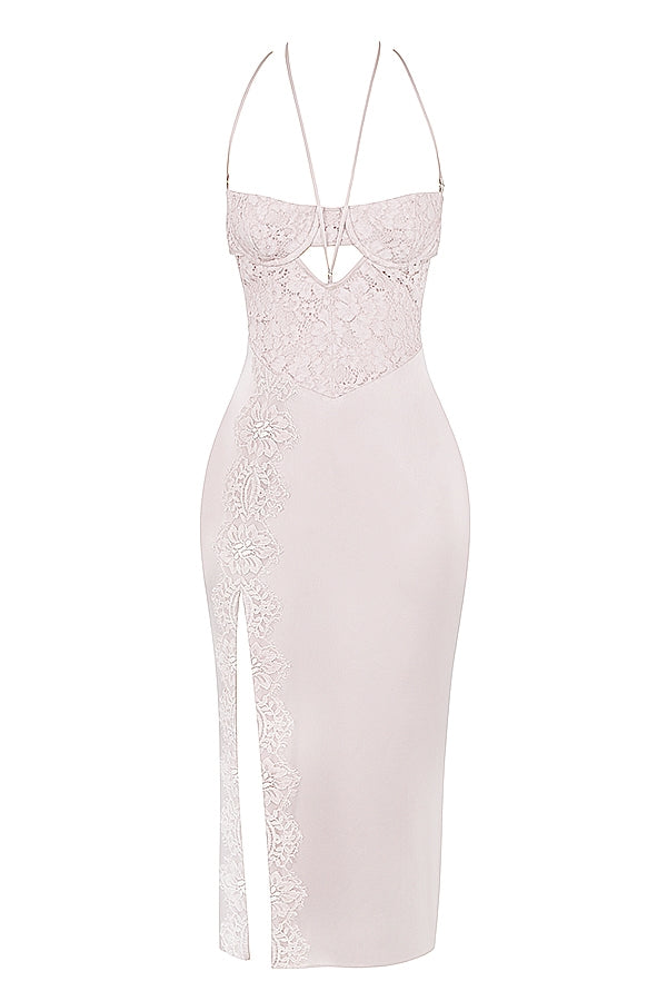 crystal satin and lace midi dress