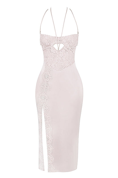 crystal satin and lace midi dress