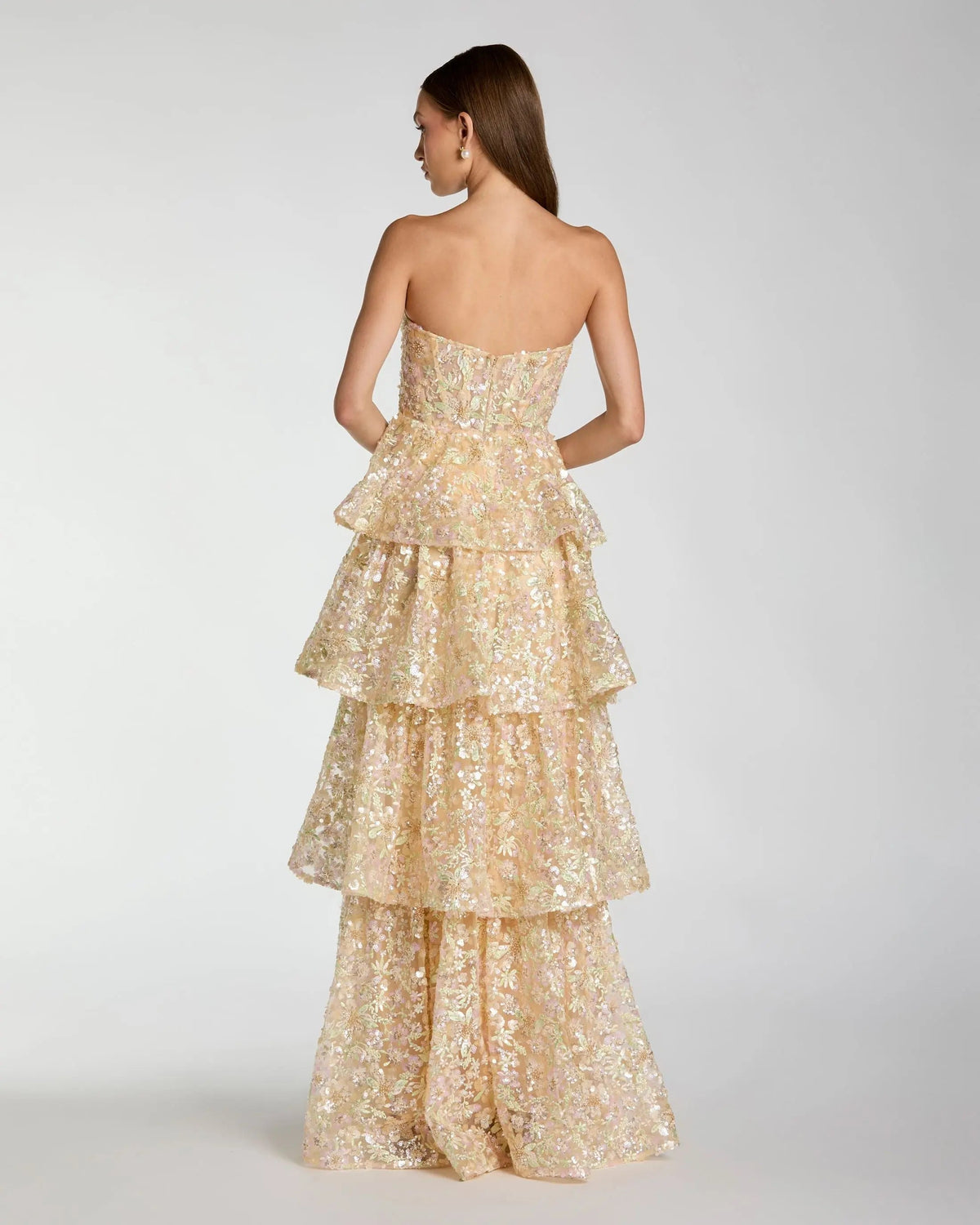 Gold Embellished Strapless Sweetheart Ruffle Gown
