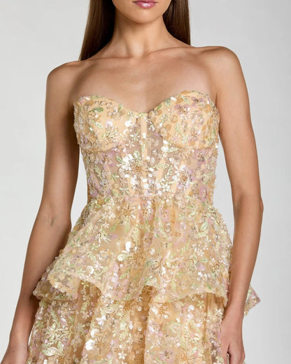Gold Embellished Strapless Sweetheart Ruffle Gown