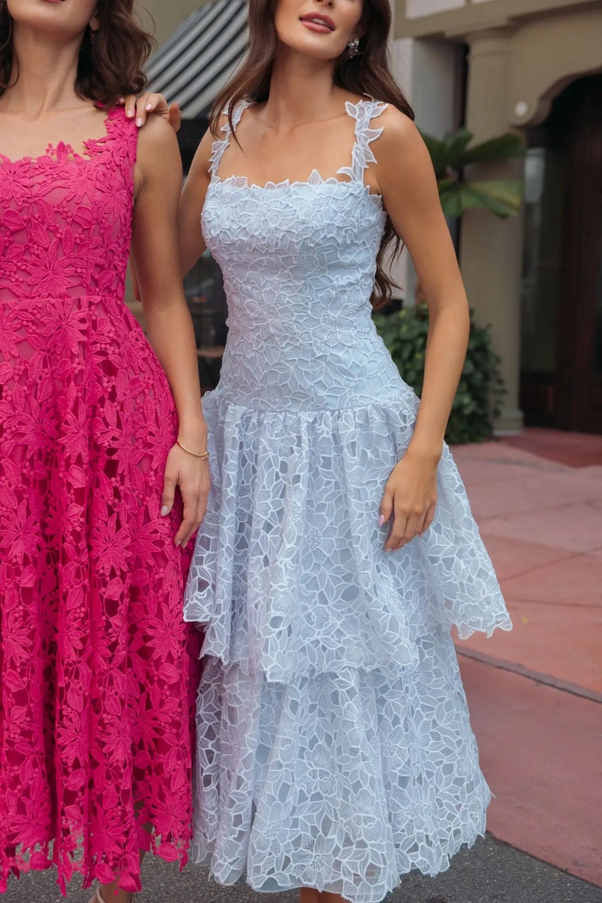 Blue Sleeveless Embroidered Lace Tiered Midi Dress