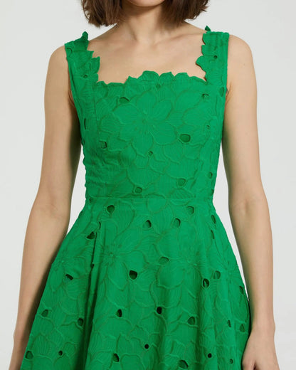 Green Embroidered Cotton A-Line Midi Dress