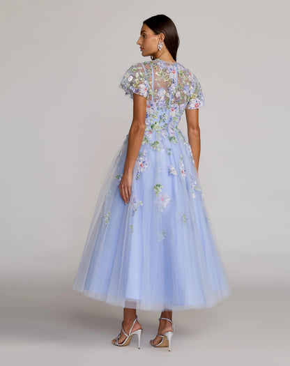 Blue Flutter Sleeve Embroidered A-Line Midi Dress