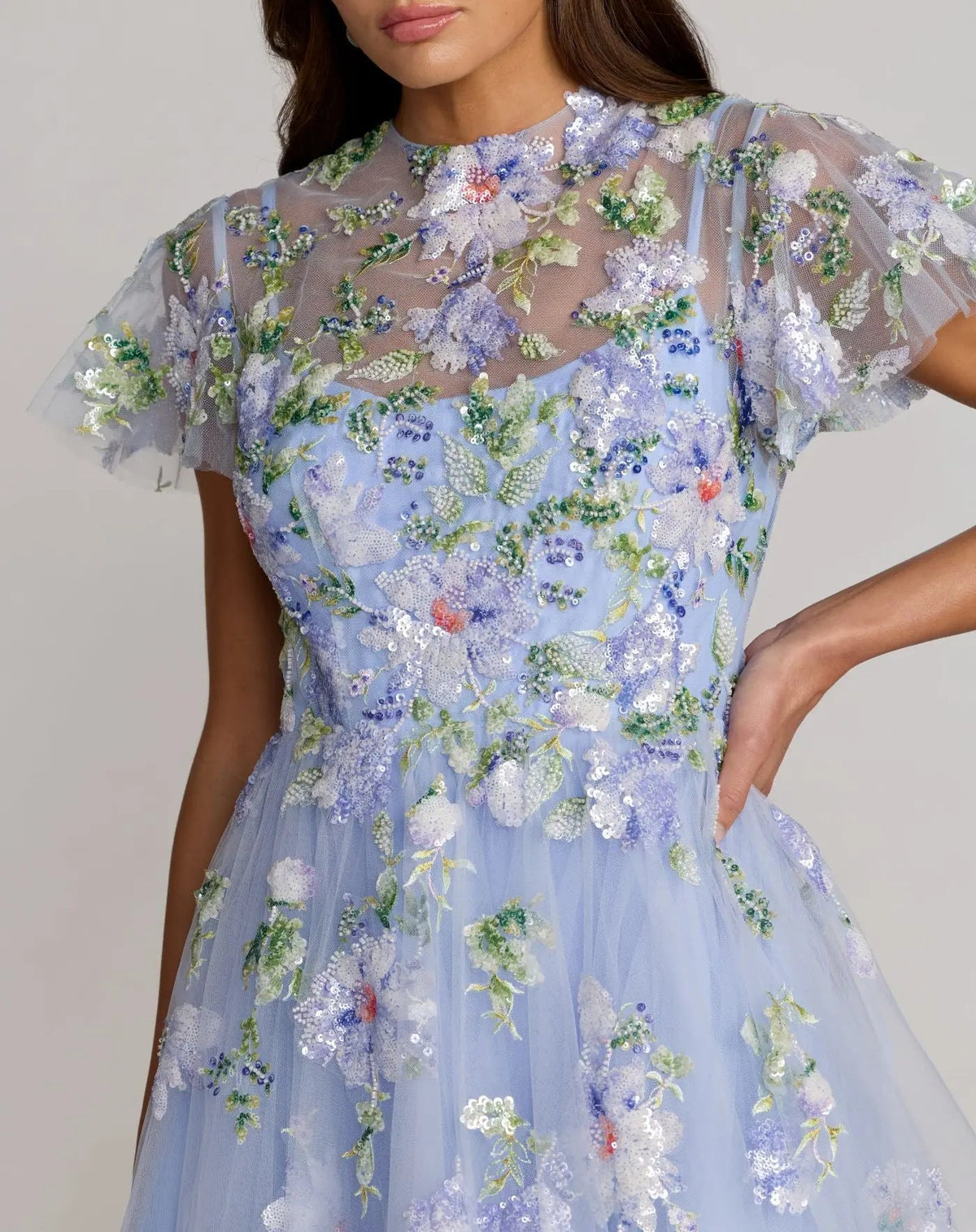 Blue Flutter Sleeve Embroidered A-Line Midi Dress