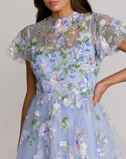 Blue Flutter Sleeve Embroidered A-Line Midi Dress