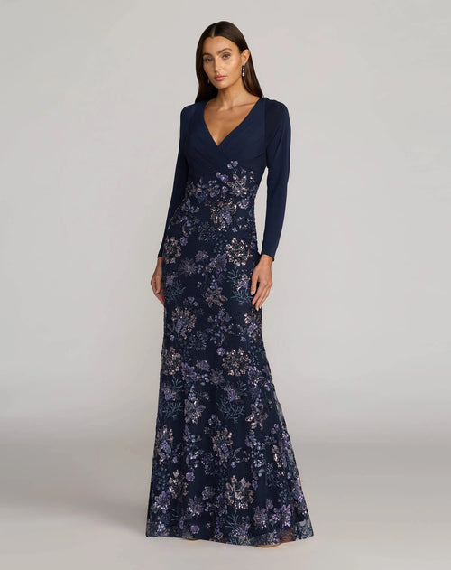 Navy Floral Embroidered Jersey Long Sleeve Gown