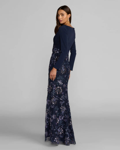 Navy Floral Embroidered Jersey Long Sleeve Gown