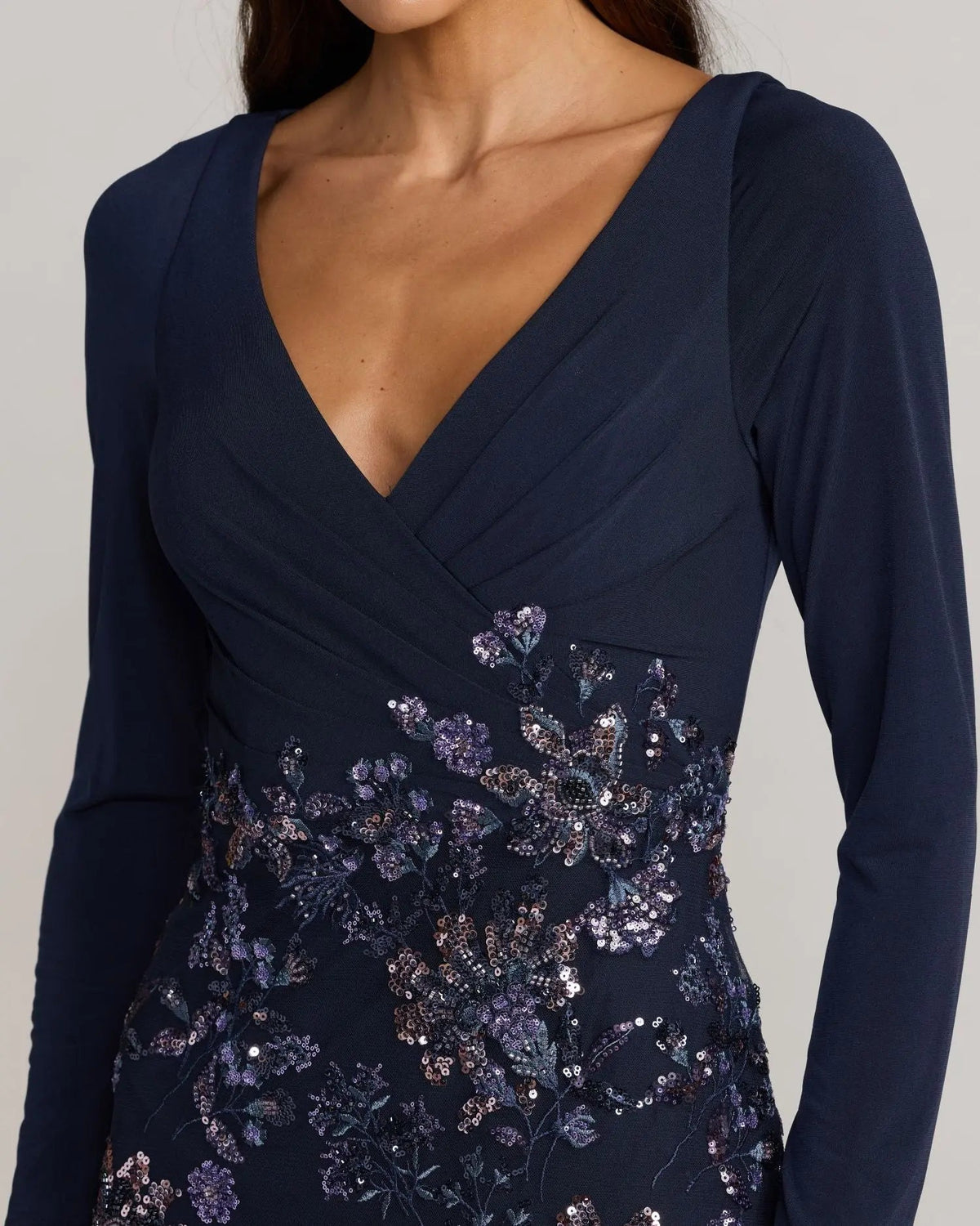 Navy Floral Embroidered Jersey Long Sleeve Gown