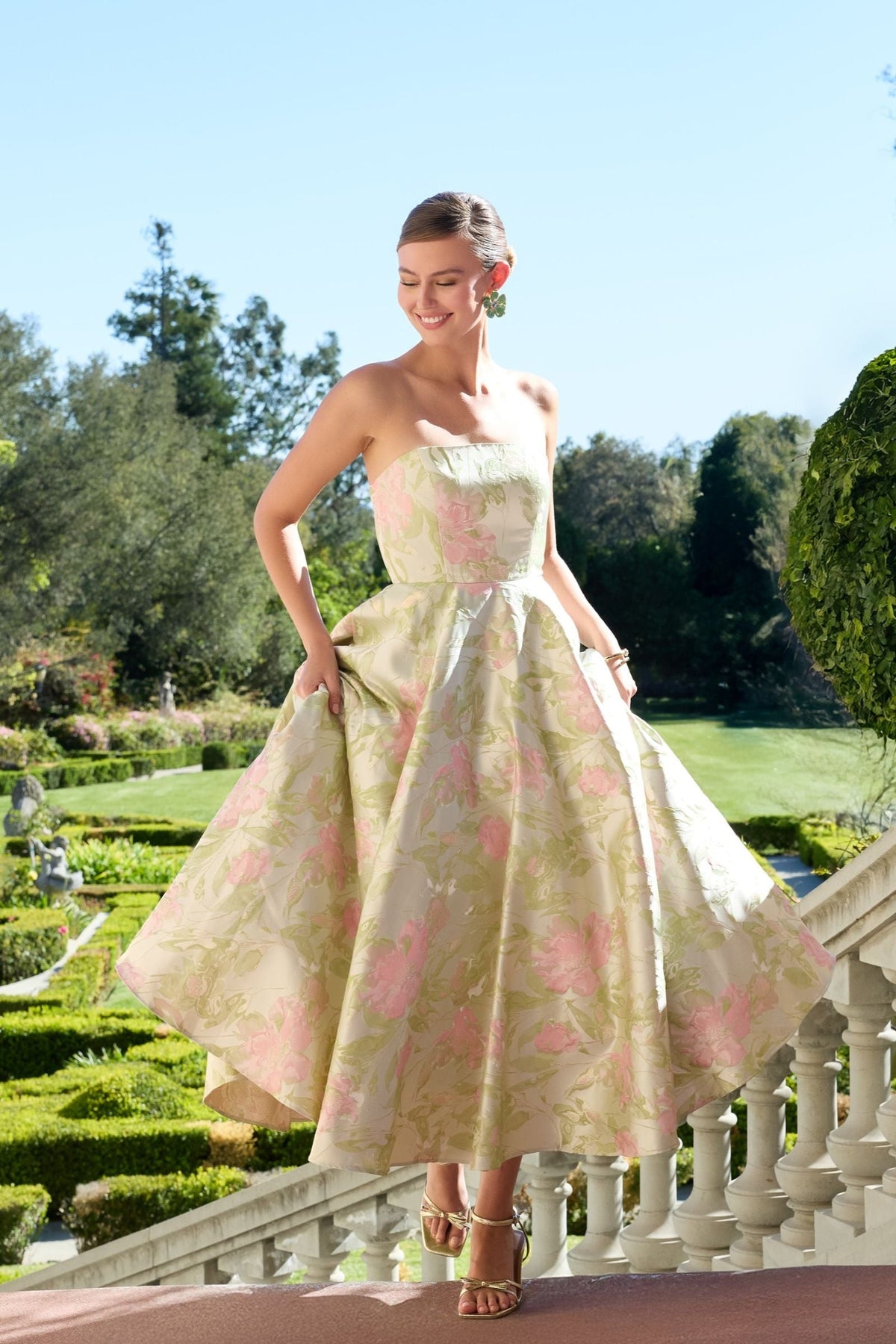 Green Floral Strapless A-Line Midi Dress