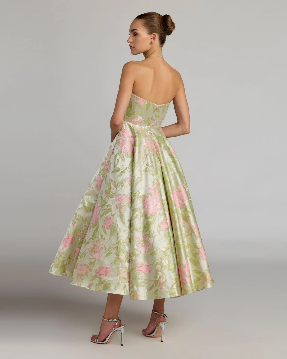 Green Floral Strapless A-Line Midi Dress