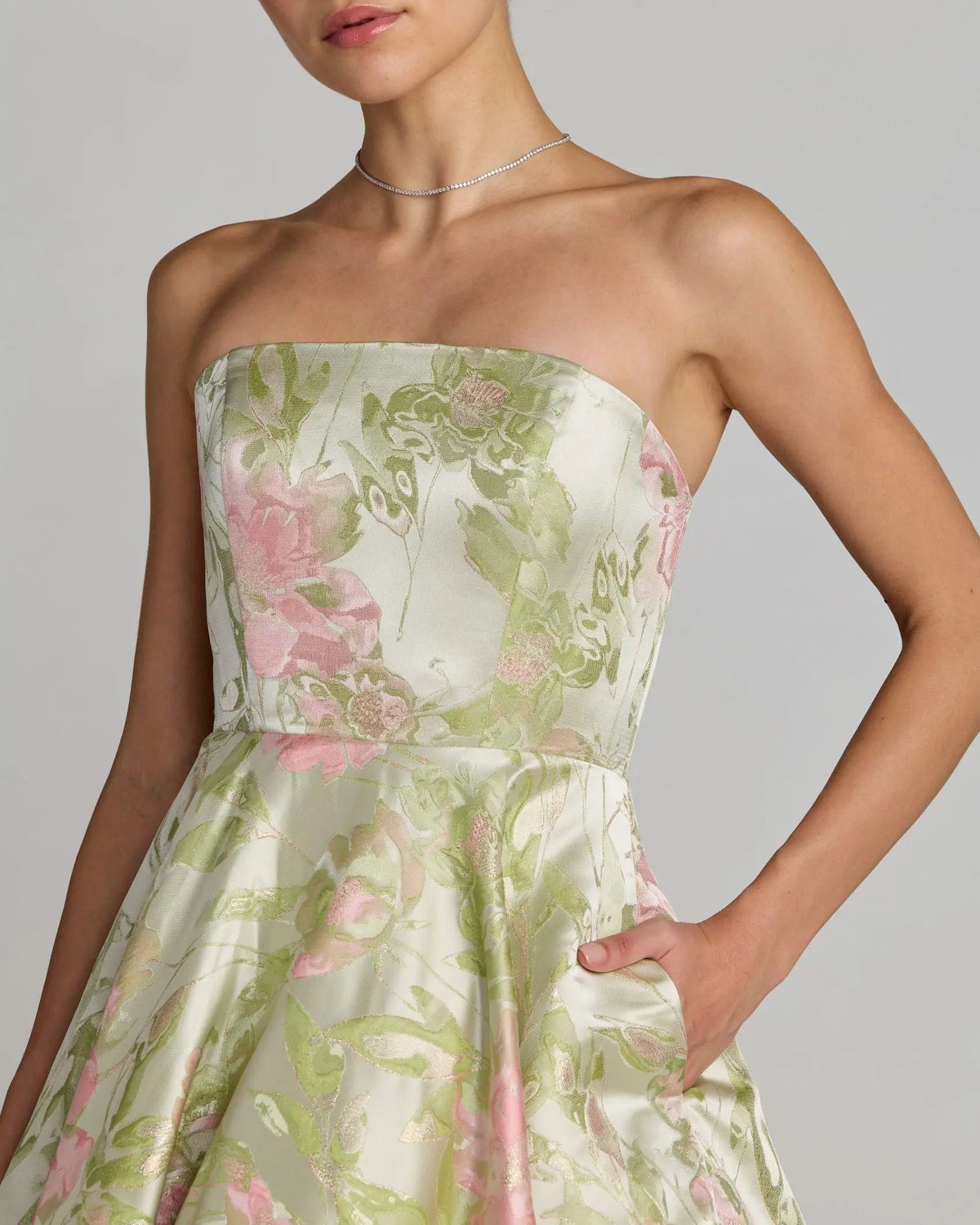 Green Floral Strapless A-Line Midi Dress