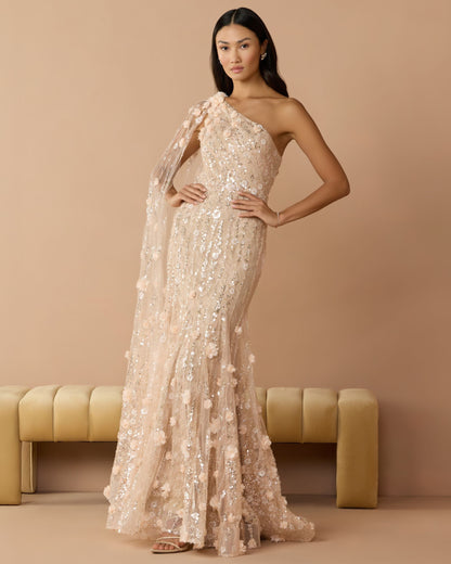 Beige One Shoulder Embellished Gown With Cape Sleeve