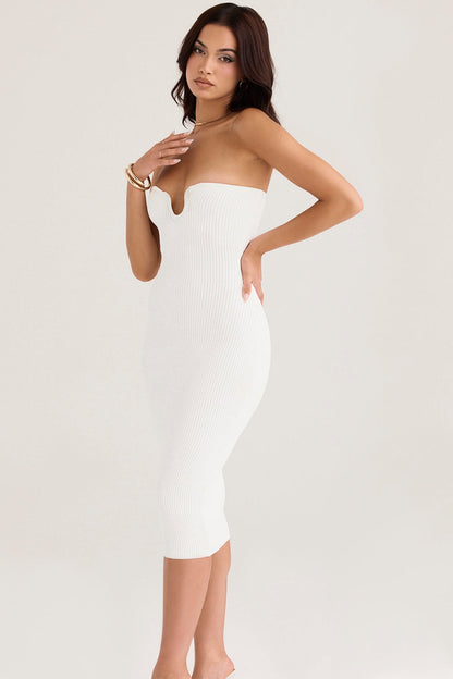 white ribbed knit strapless midi dress
