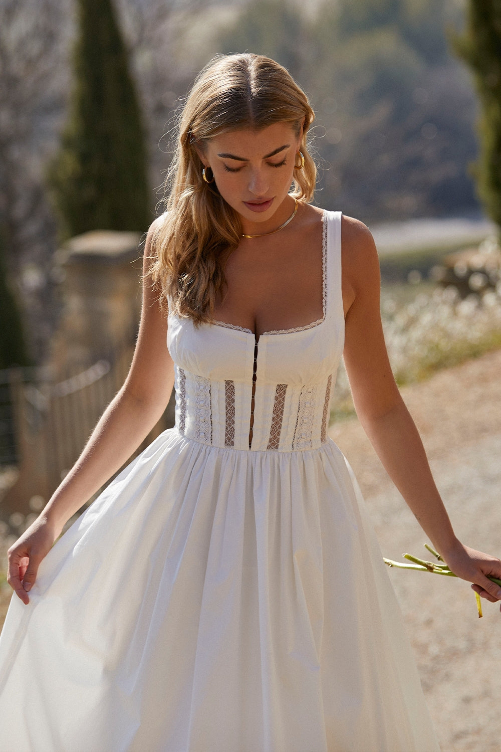 white lace trim midi dress