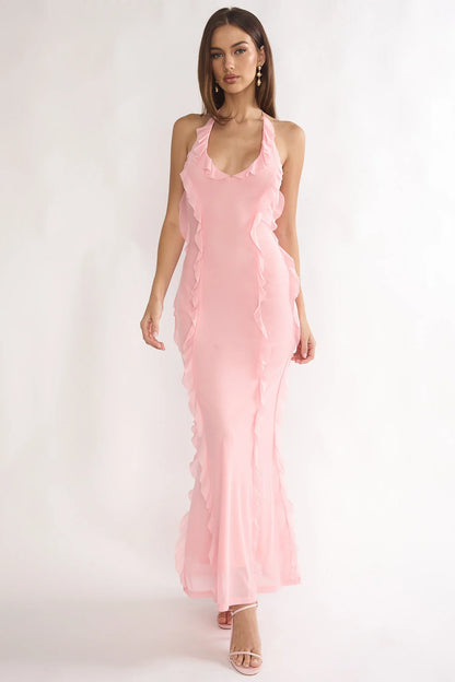 Collins Halter Ruffle Trim Maxi Dress Pink