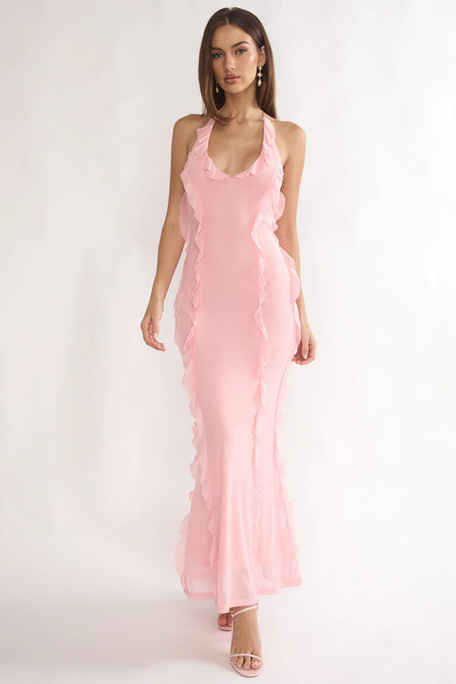 Collins Halter Ruffle Trim Maxi Dress Pink