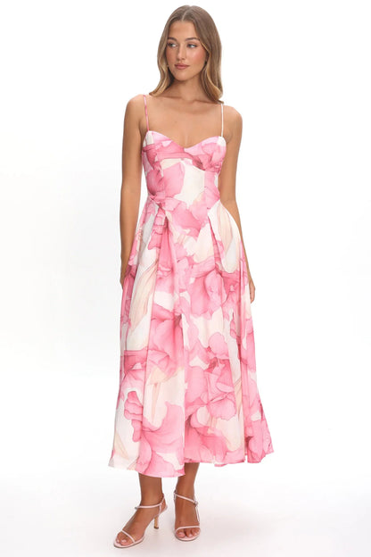 Get My Attention Pleat Waist Maxi Dress Watercolor Pink