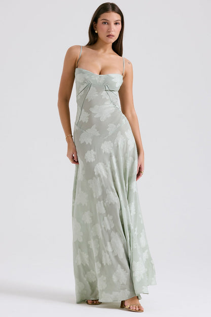 pistachio floral lace back maxi dress
