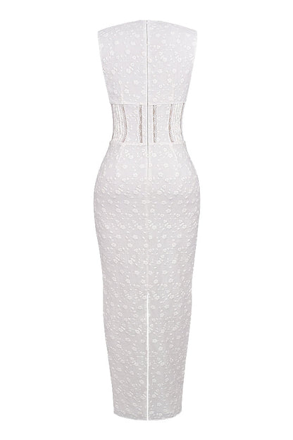 white cotton broderie anglais plunge maxi dress