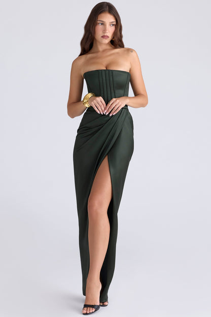 emerald satin strapless maxi dress