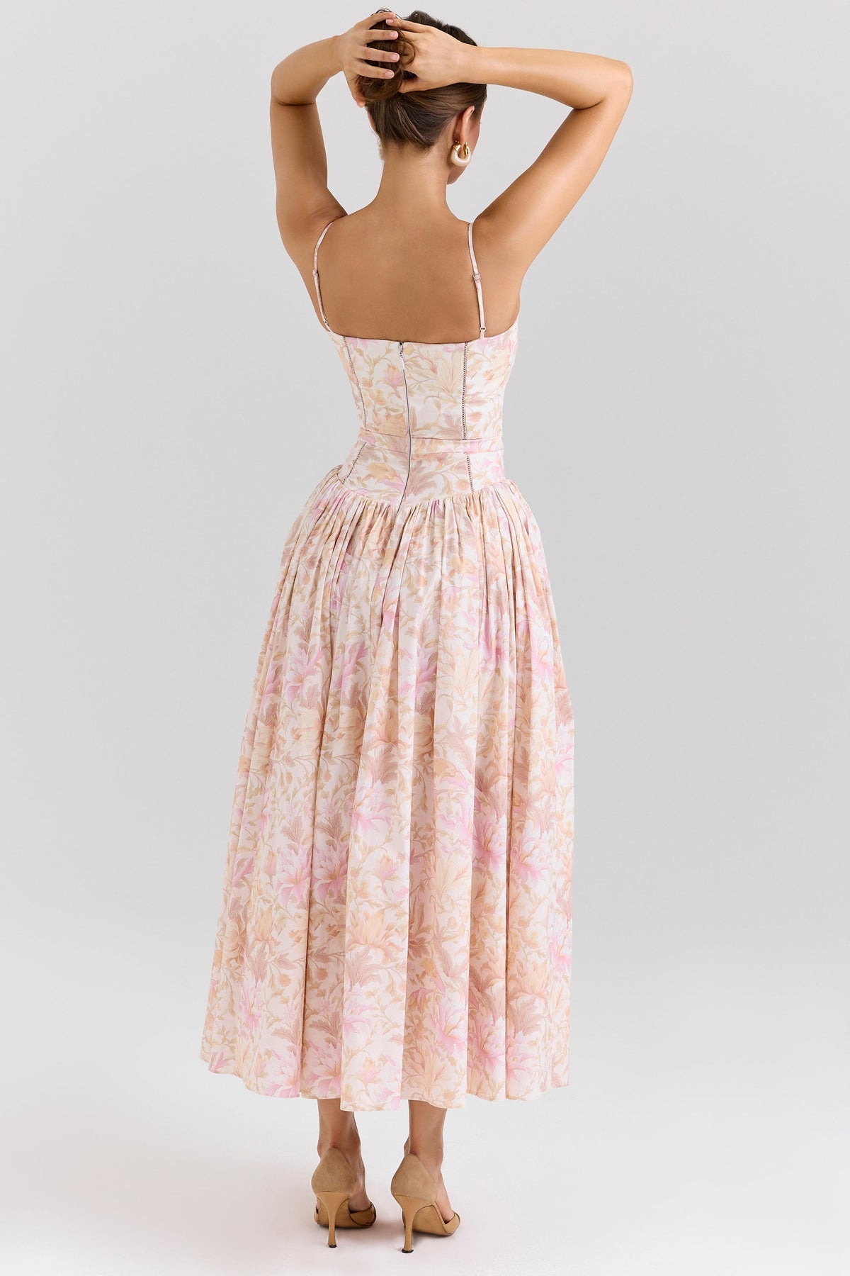 peach floral print stretch cotton midi sundress